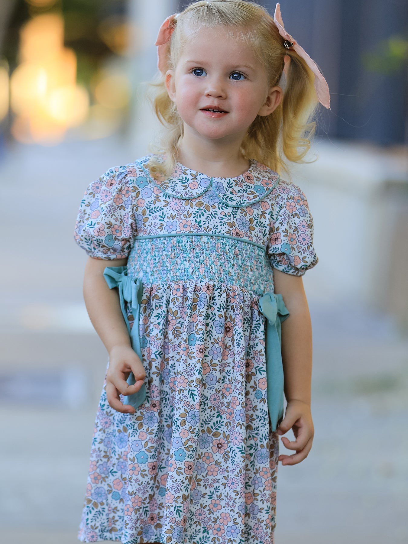 Sage Green Bow Floral Smocked Girl Dress