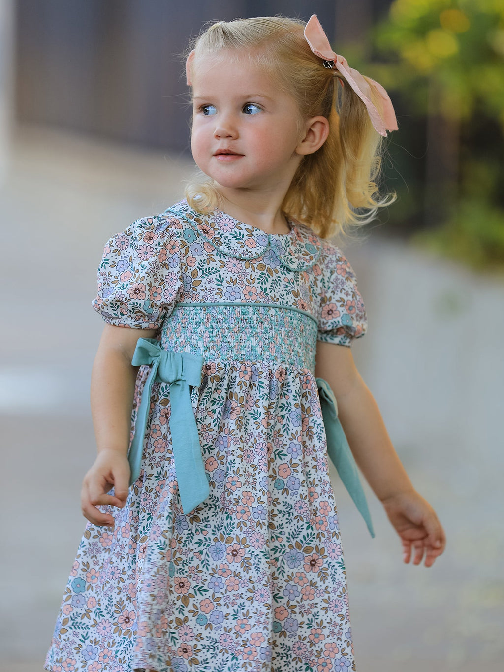 Sage Green Bow Floral Smocked Girl Dress