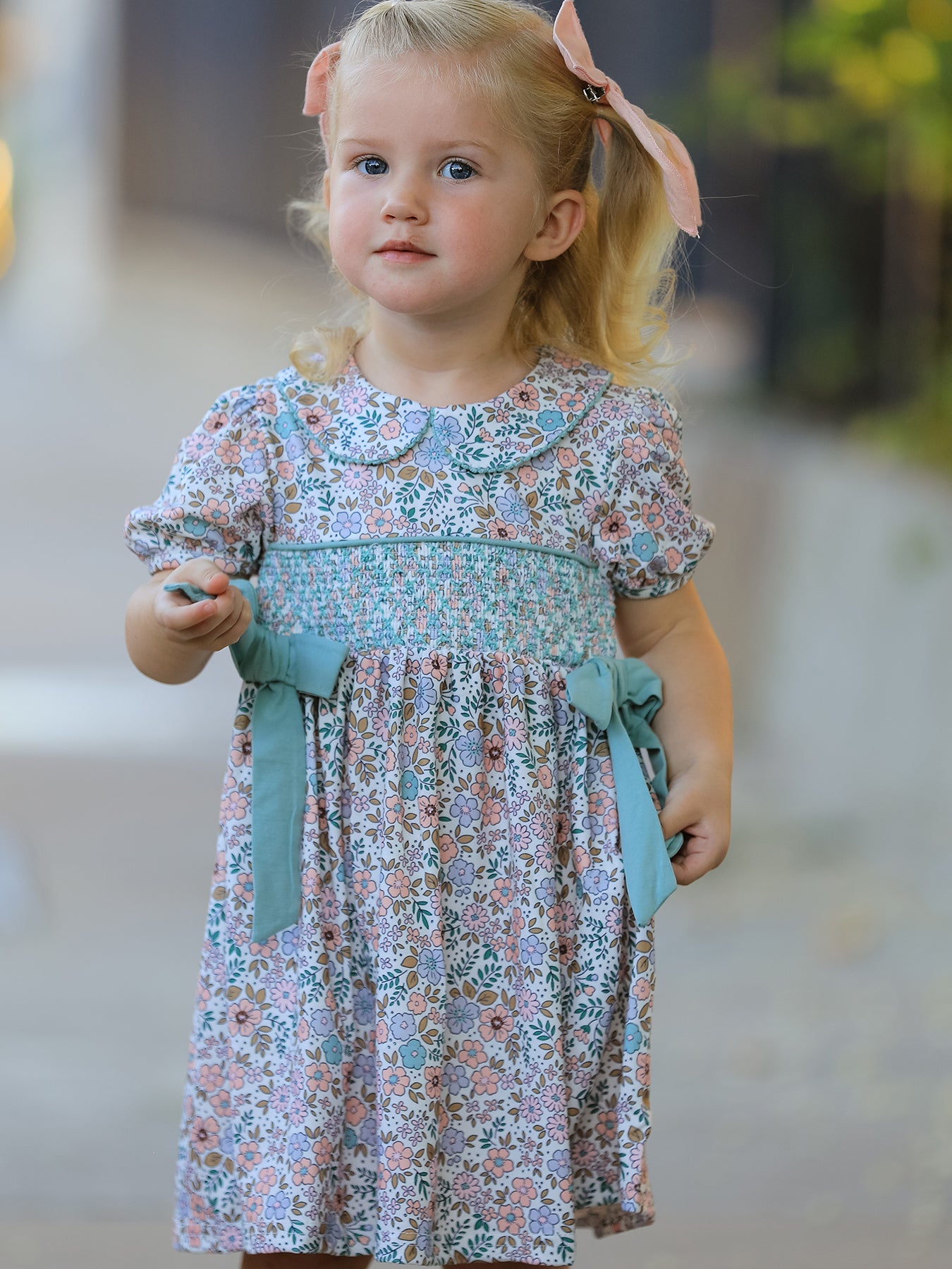 Sage Green Bow Floral Smocked Girl Dress