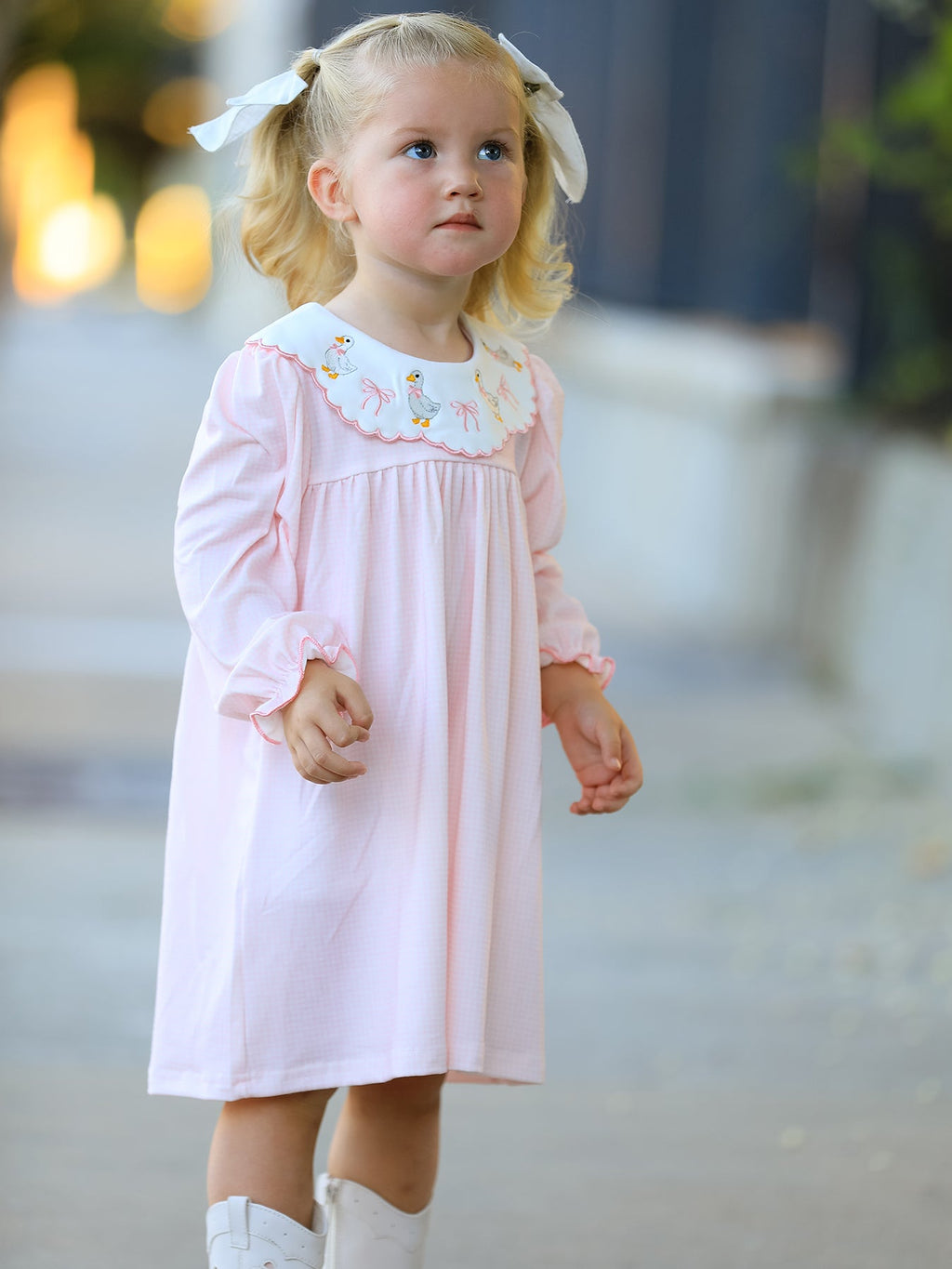 Pink Goose Embroidered Baby Girl Dress Peter Pan Collar Bow Dress