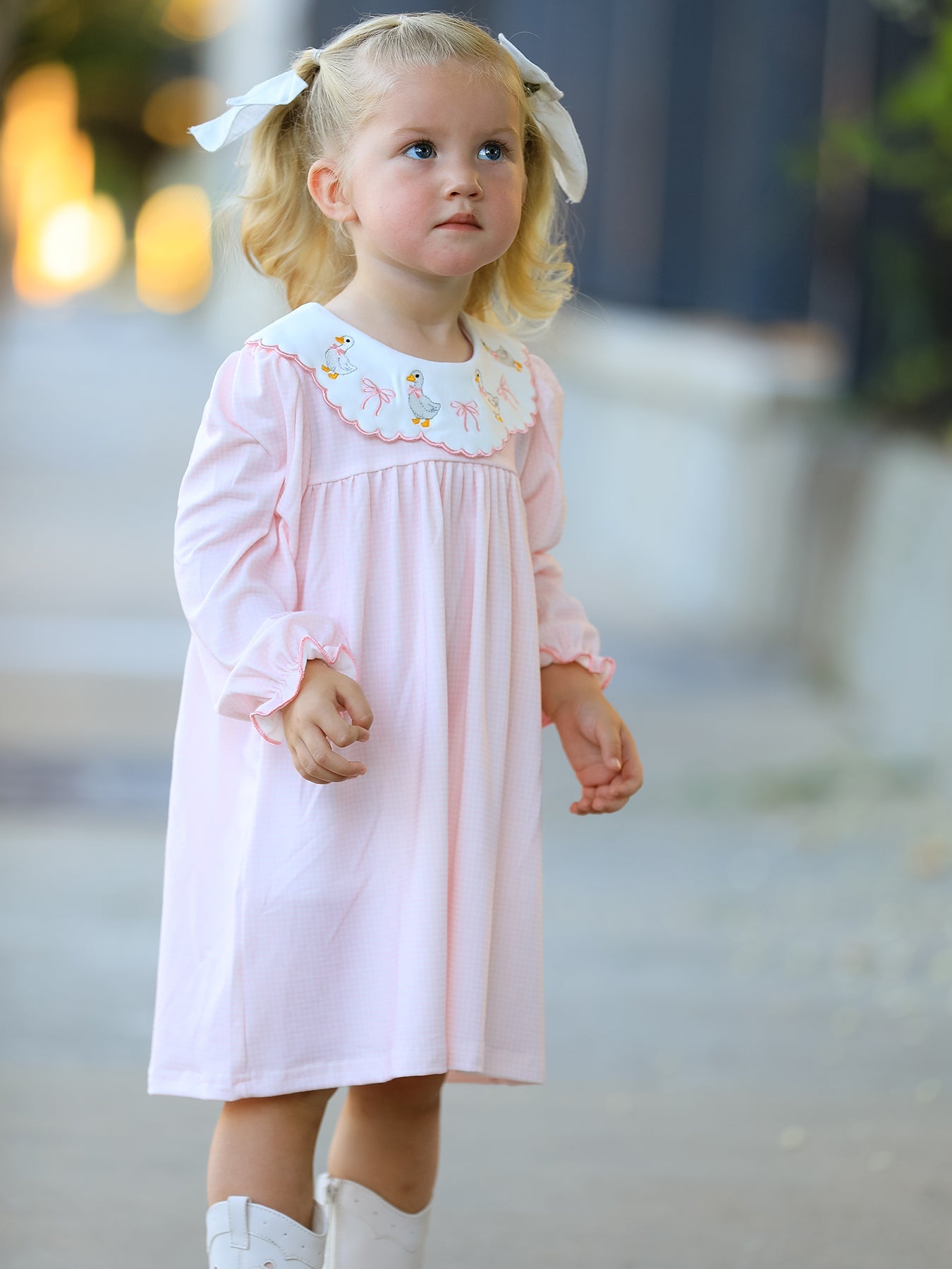 Pink Goose Embroidered Baby Girl Dress Peter Pan Collar Bow Dress