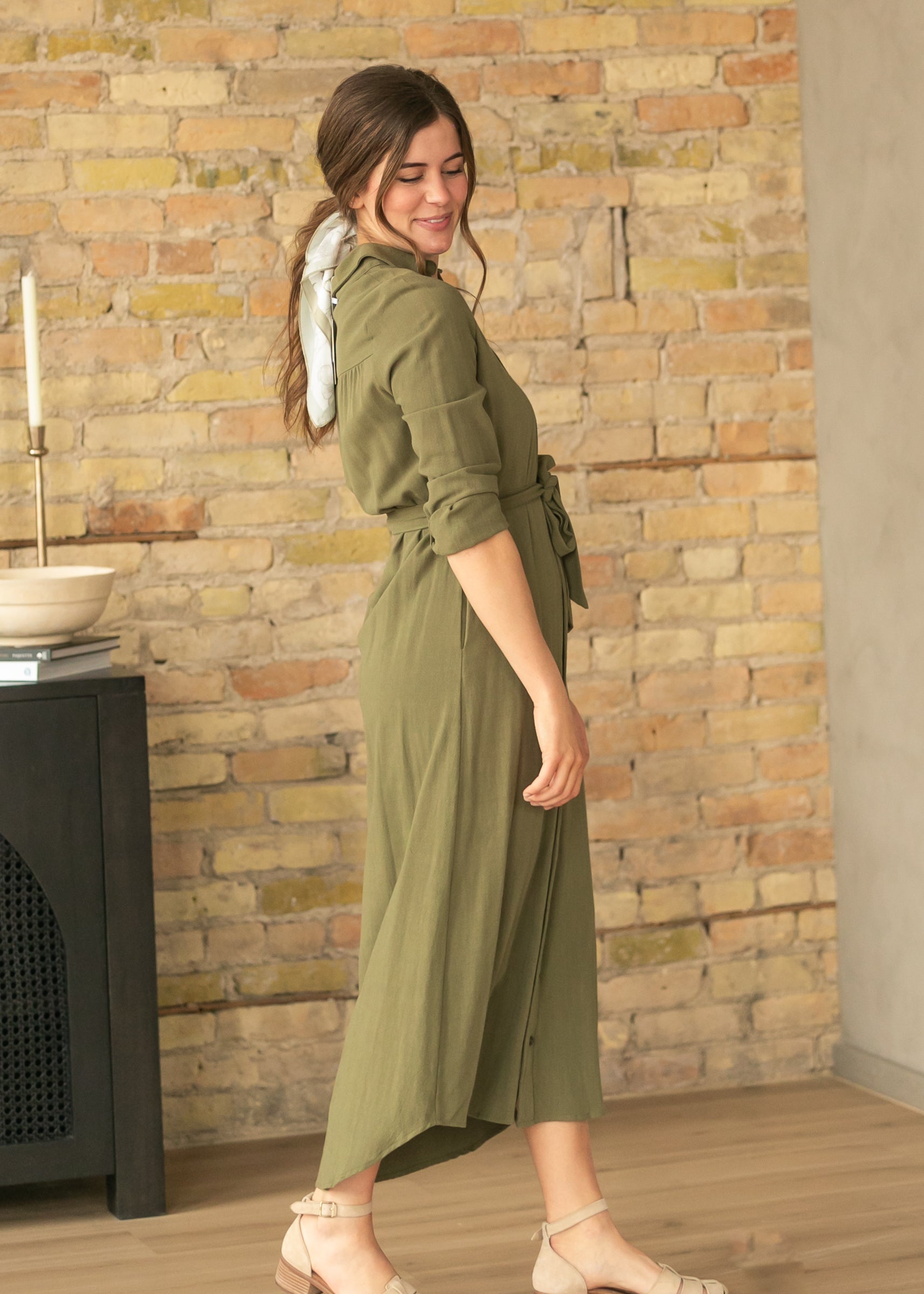 Essential Olive Long Sleeve Linen Shirt Dress - FINAL SALE