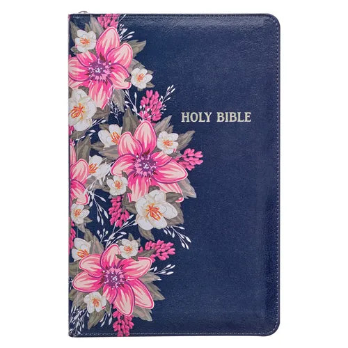 KJV Bible Deluxe Gift (Faux Leather, Blue Floral Printed W/Zipper) - Imitation Leather